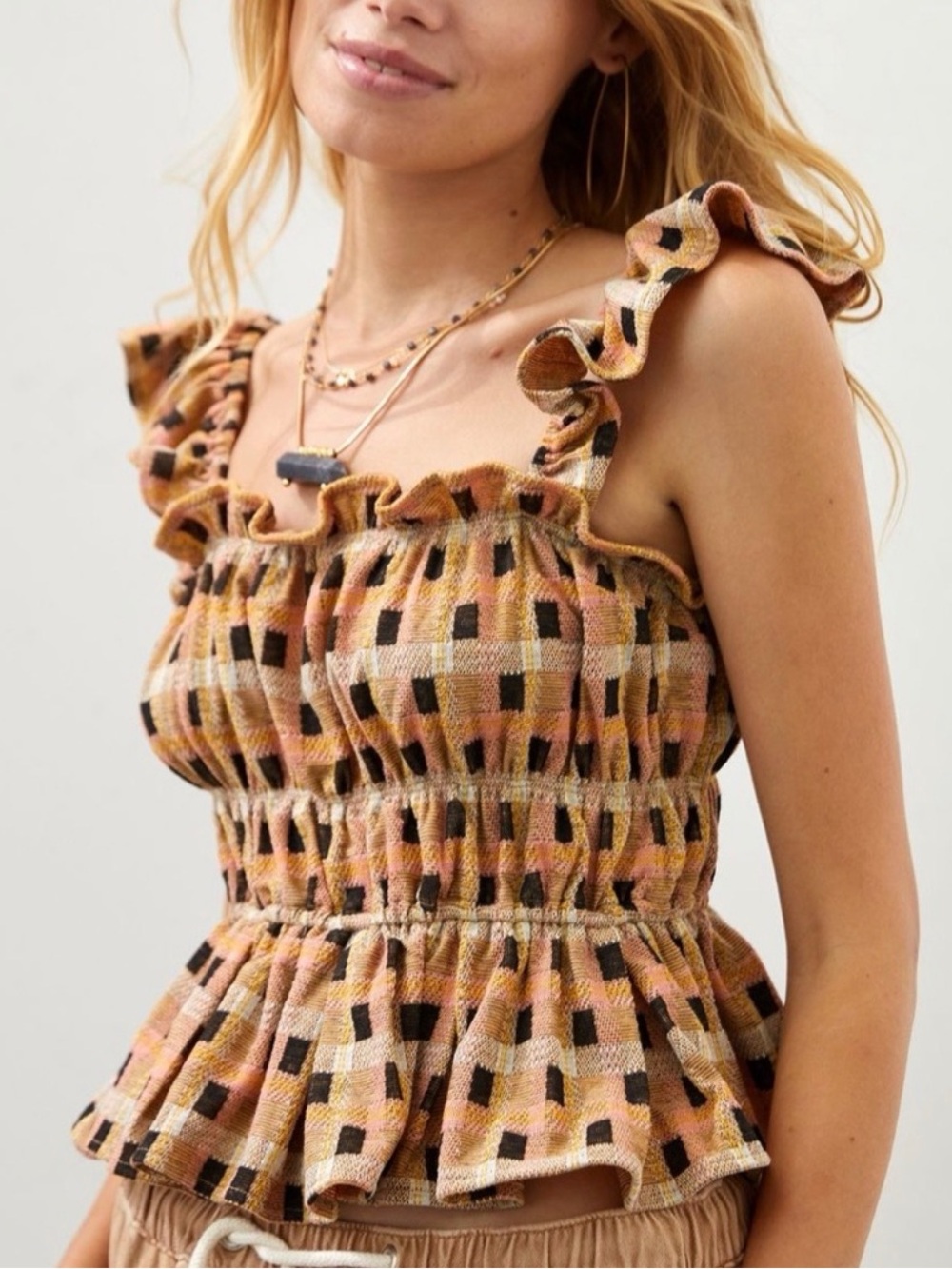 Anthropologie Eva Franco Checked Ruffle Tank Size Small